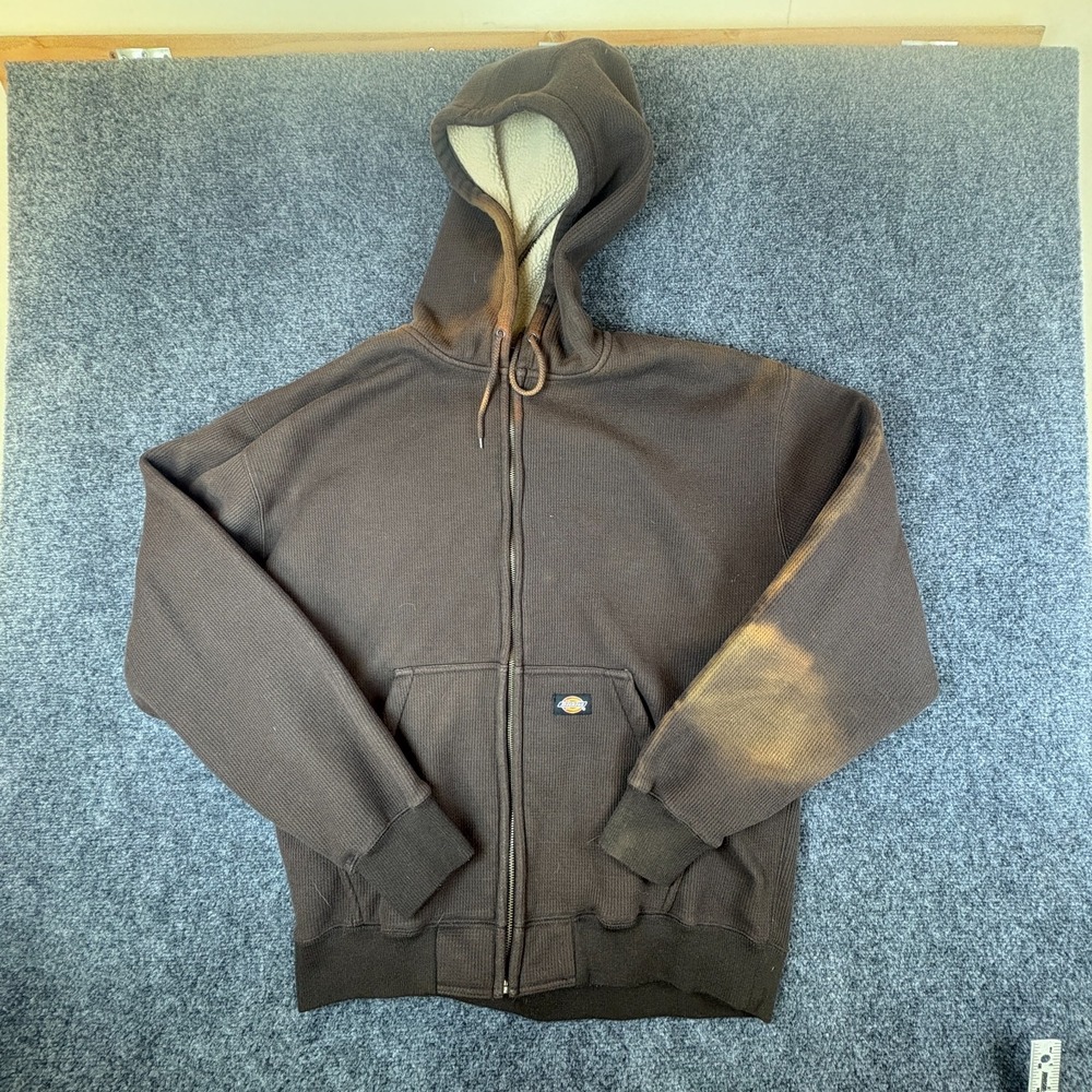 Vintage Dickies Thermal Hoodie Mens XL Brown Logo Faux Fur Lined Cotton Full Zip